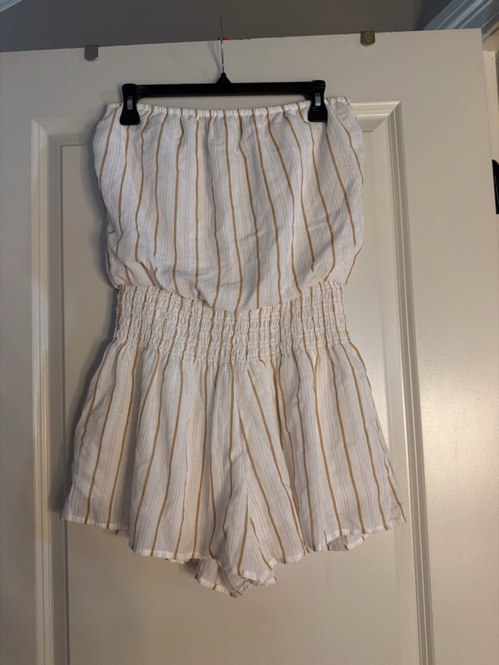 glam White Romper Shorts with Tan Stripes